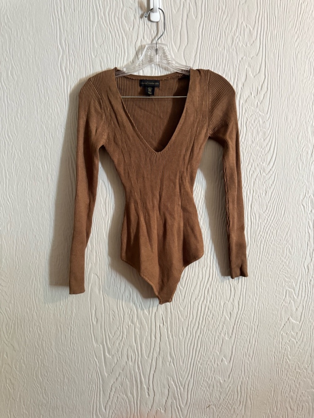 House of Harlow 1960 Ribbed Deep V-Neck Long Sleeve Bodysuit in Camel Brown
